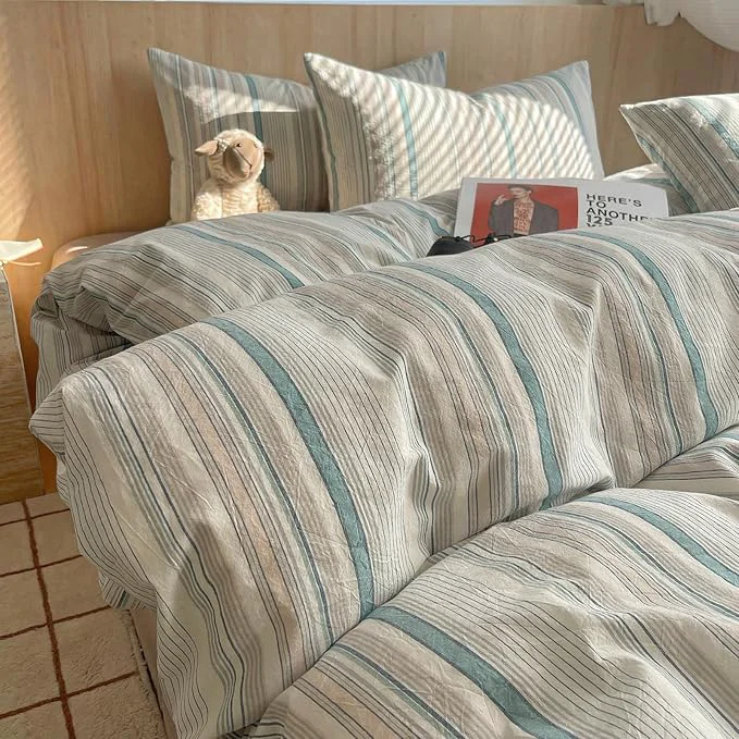 Flexible HighBuy Vintage Striped Comforter Set Queen Size – 3 Piece Blue Grey Stripes Pattern Bedding Set Fluffy Soft Washed Cotton Comforter with 2 Pillowcases Breathable Striped Comforter Sets Reliable