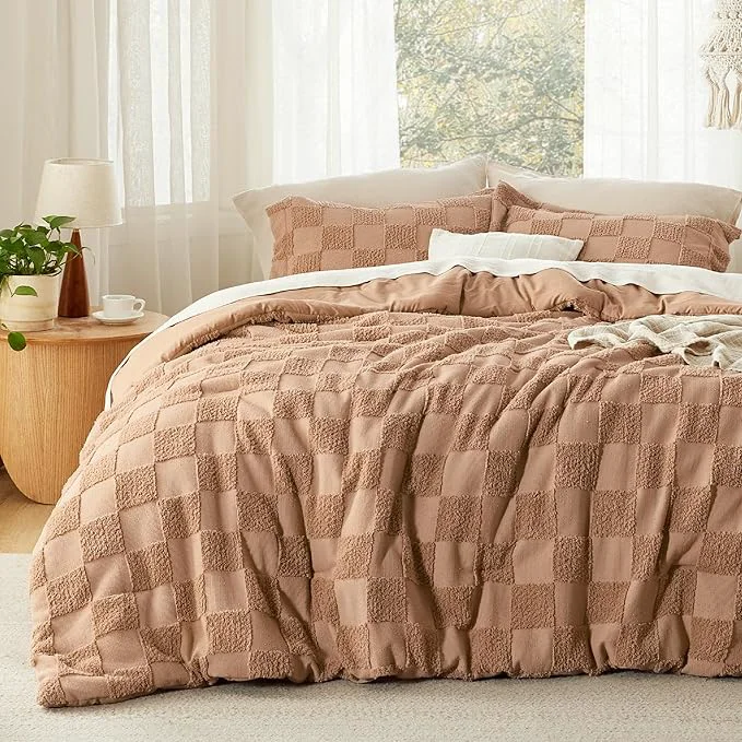 Quality Bedsure California King Size Comforter Set Taupe Boho Tufted Bed Set Checkered Farmhouse Shabby Chic Bedding 3 Pieces 1 Plaid Geometric Comforter and 2 Pillow Shams User-Friendly