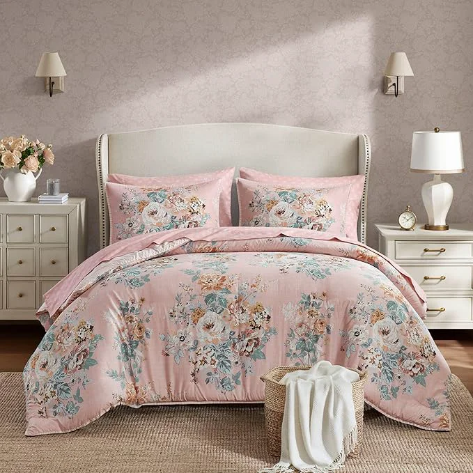 Lightweight Madison Park Essentials Floral Comforter Set Twin XL Size Vintage Flower Bedding Set with Sheet Set 5 Pieces Bed in a Bag with Reversible Botanical Comforter and Pillowcases amp Shams Heather Pink Specialty