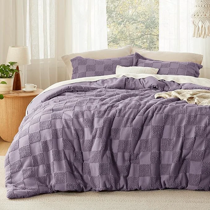 Organic Bedsure King Size Comforter Set Grayish Purple Boho Tufted Bed Set Checkered Farmhouse Shabby Chic Bedding 3 Pieces 1 Plaid Geometric Comforter and 2 Pillow Shams Durable