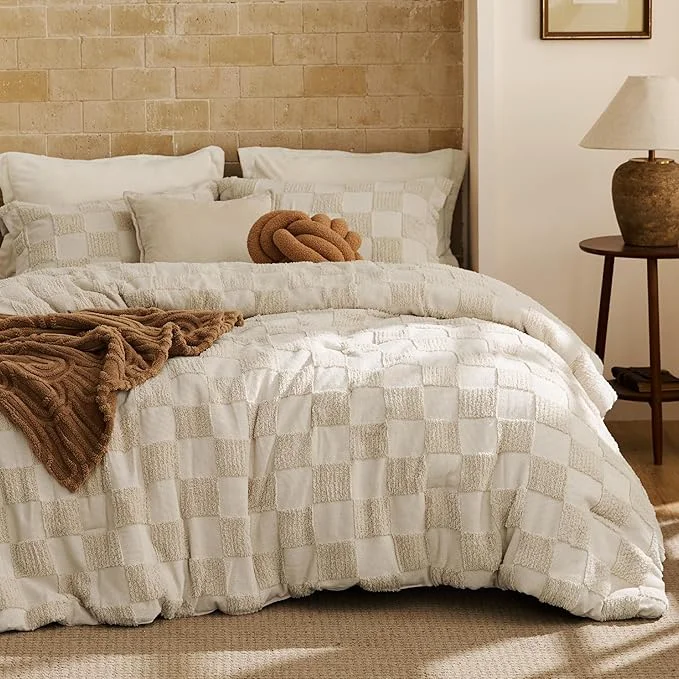 Artisan Bedsure King Size Comforter Set Beige Boho Tufted Bed Set Checkered Farmhouse Shabby Chic Bedding 3 Pieces 1 Plaid Geometric Comforter and 2 Pillow Shams Clean