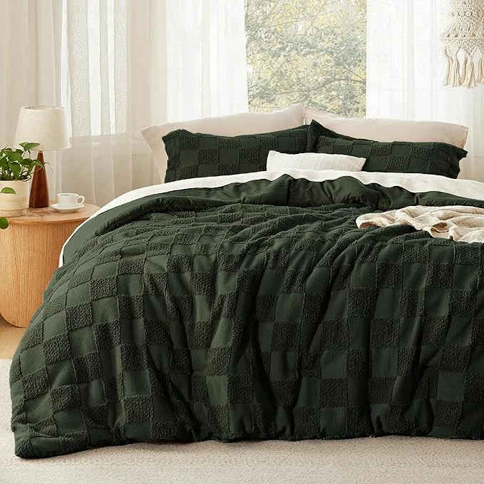 Casual Bedsure Full Size Comforter Set Dark Olive Green Boho Tufted Bed Set Checkered Farmhouse Shabby Chic Bedding 3 Pieces 1 Plaid Geometric Comforter and 2 Pillow Shams Sophisticated
