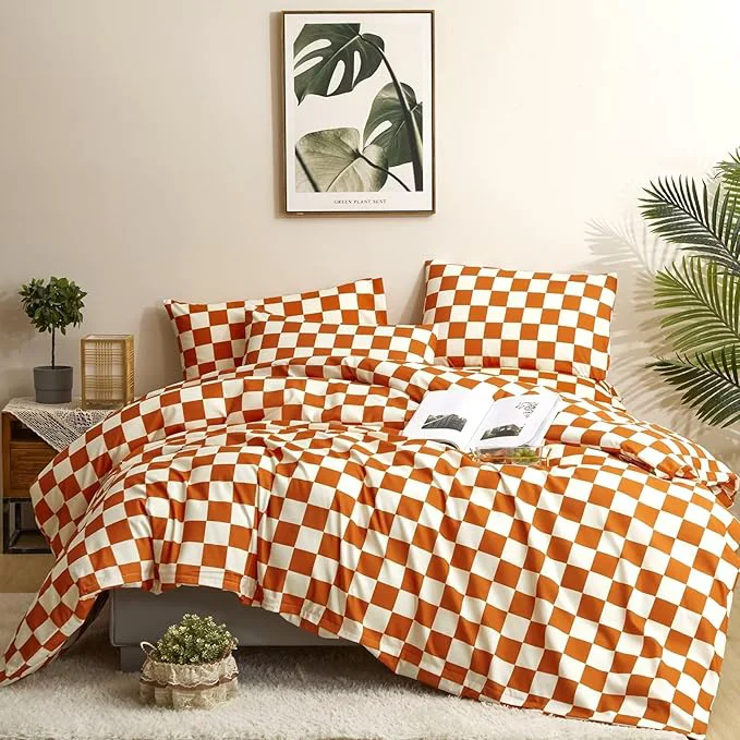 Clean Houseri Burnt Orange Grid Comforter Set King White and Caramel Plaid Bedding Comforter Sets for Women Men Rust Orange Buffalo Checkered Bed Quilt Soft Comfy Chic Cinnamon Gingham Comforters King Size Fast