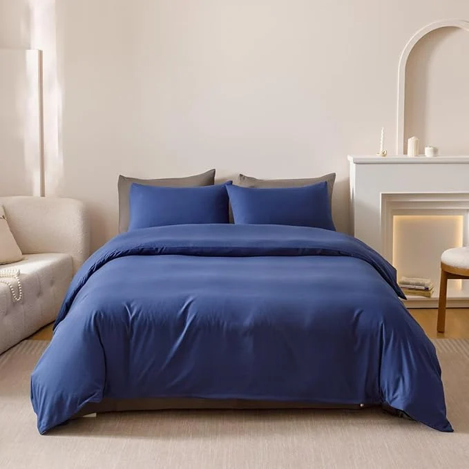 Luxury Houseri Royal Blue Comforter Set Full Neutral Navy Bedding Boys Men Japanese Style Solid Blue Vintage Farmhouse Bed Sets Full Size Minimalist
