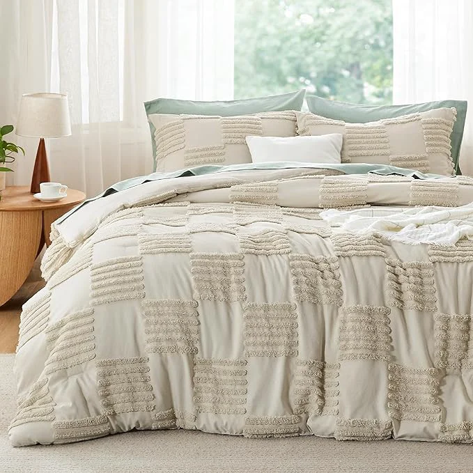 Secure Bedsure Full Size Comforter Set Linen Boho Tufted Bed Set Grande Checkered Farmhouse Shabby Chic Bedding 3 Pieces 1 Plaid Geometric Comforter and 2 Pillow Shams Consistent