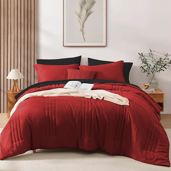Detailed Monbix Full Comforter Set – 7 Pieces Bright Red Bed in a Bag Full Size Bedding Sets with Comforters All Seasons Comforter with Sheets Pillowcases amp Shams Eco-Friendly