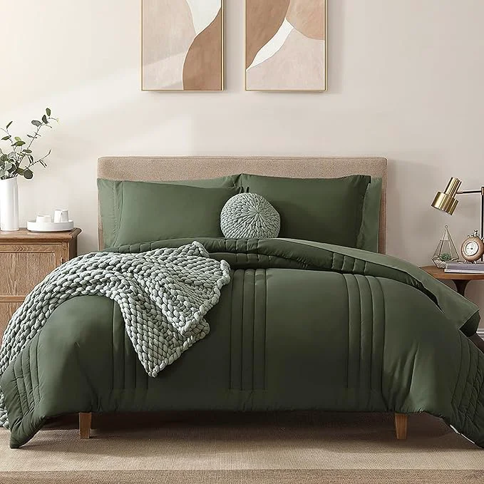 Versatile Monbix Twin XL Size Comforter Set – Extra Long 5 Pieces Dorm Bedding Sets Quilting Design Fluffy Bed in a Bag Twin XL with Sheets Pillowcase amp Sham Olive Green Fine