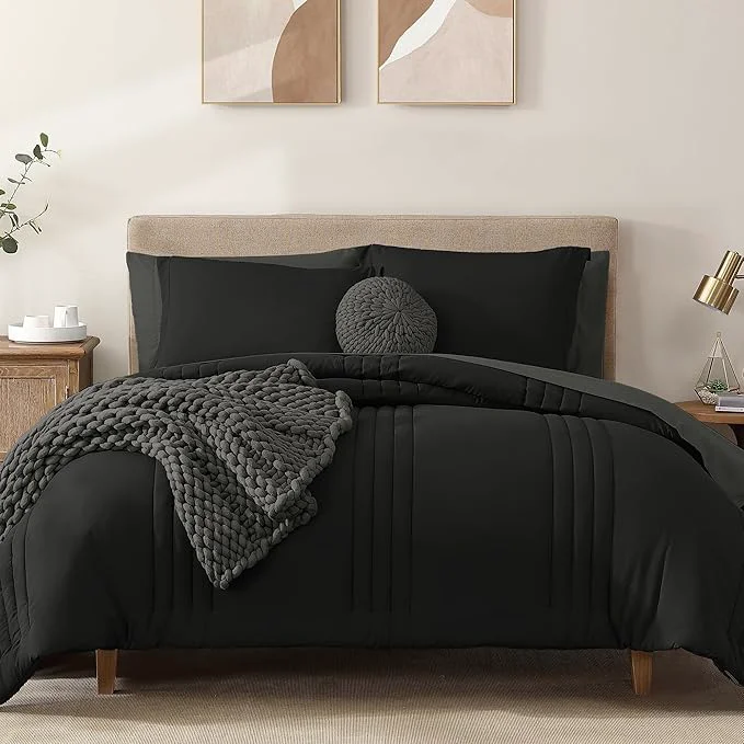Top-Quality Monbix Oversized King Size Comforter Set – 7 Pieces Black Bed in a Bag Oversized King Bedding Sets with Comforters All Seasons Comforter Bed Set with Sheets Pillowcases amp Shams Minimalist