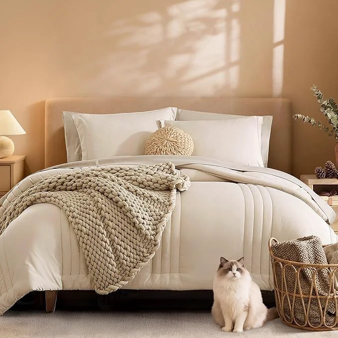 Fashionable Monbix California King Size Comforter Set – 7 Pieces Bed in a Bag California King Beige Bedding Sets with Comforter All Seasons Comforter Bed Set with Sheets Pillowcases amp Shams Comfortable