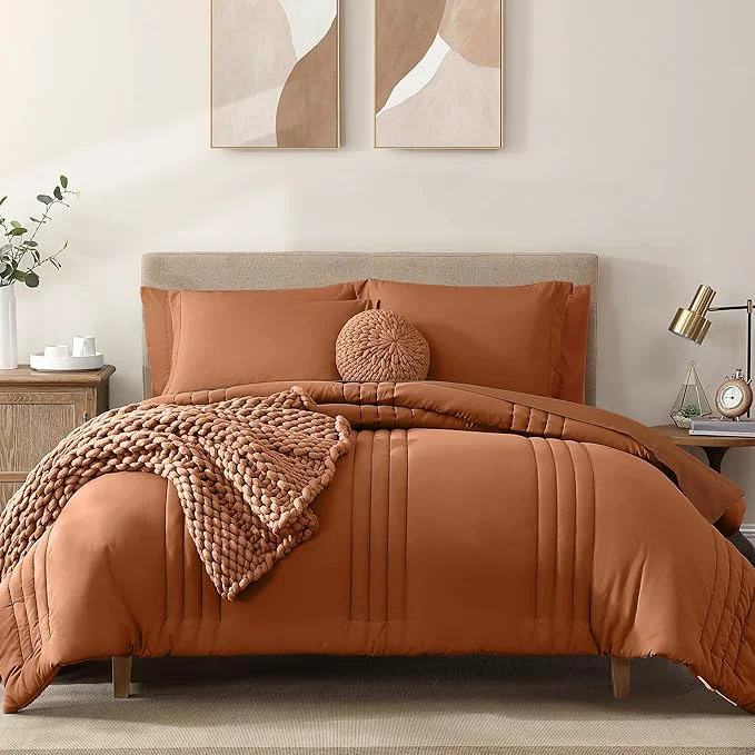 Sustainable Monbix Super King Size Comforter Set – 7 Pieces Burnt Orange Bed in a Bag Super King Bedding Sets with Comforters All Seasons Comforter Bed Set with Sheets Pillowcases amp Shams Luxury