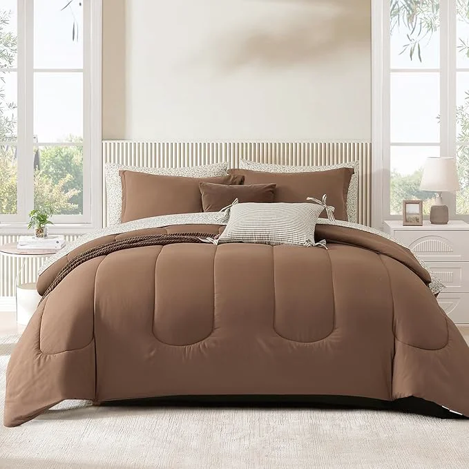 Lightweight Monbix Queen Comforter Set – 7 Pieces Brown Bed in a Bag Queen Track Stitching Bedding Sets All Seasons Comforter Bed Set with Sheets Pillowcases amp Shams High-Grade