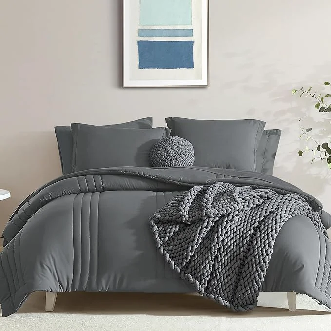 Soft Monbix Super King Plus Size Comforter Set – 7 Pieces Bright Gray Bed in a Bag Super King Plus Bedding Sets with Comforters All Seasons Comforter Bed Set with Sheets Pillowcases amp Shams Versatile