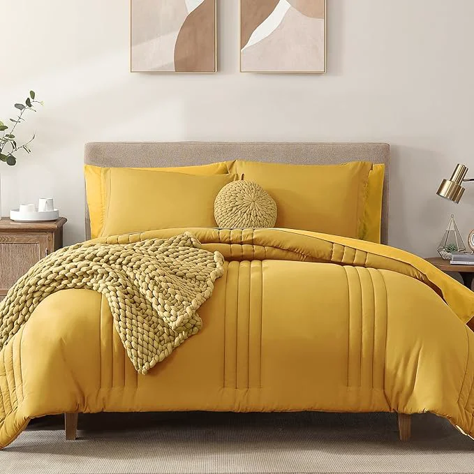 Premium Monbix Full Comforter Set – 7 Pieces Bright Yellow Bed in a Bag Full Size Bedding Sets with Comforters All Seasons Comforter with Sheets Pillowcases amp Shams Solid