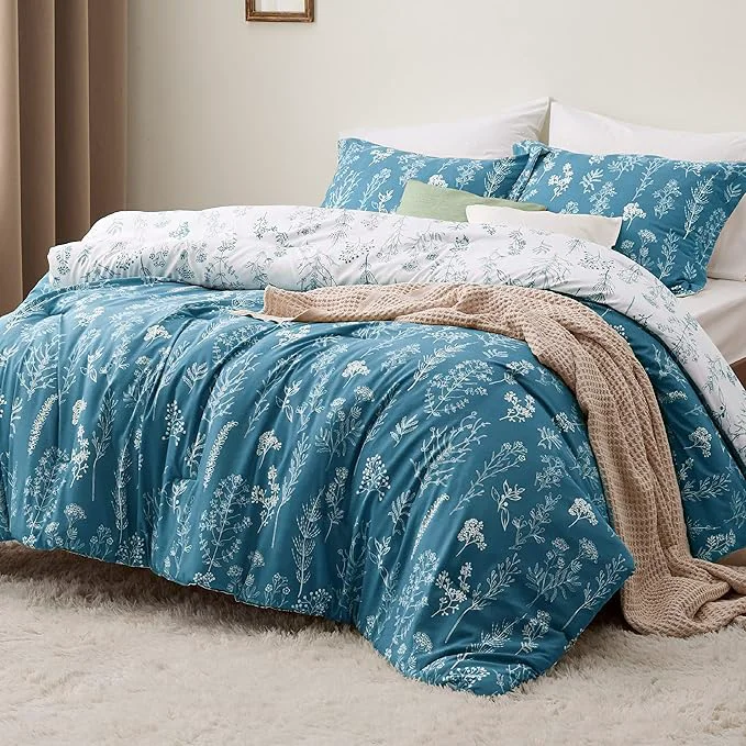 Fine Bedsure Full Comforter Set – Teal Blue Bed Set 3 Pieces Cute Floral Bedding 1 Soft Reversible Botanical Flowers Comforter and 2 Pillow Shams Relaxed