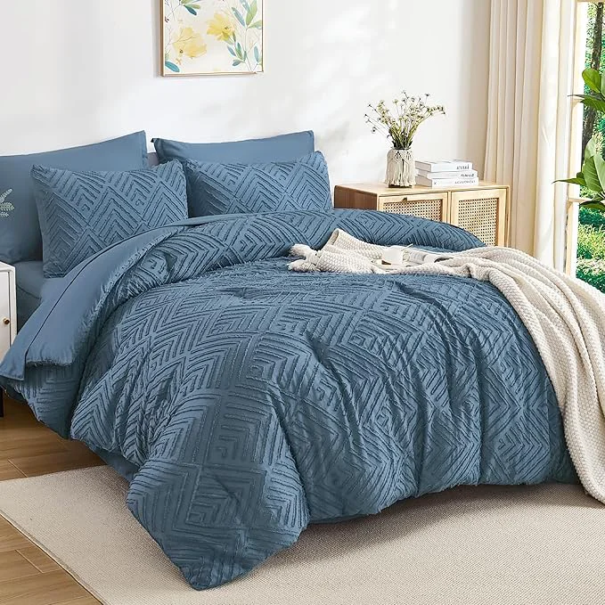 Natural Andency Oversized King Size Comforter Set 7 Pieces Ocean Blue – Bed in a Bag Oversized King Boho Lightweight Fluffy Tufted Bedding Sets with Comforter Sheets Pillowcases amp Shams Superior