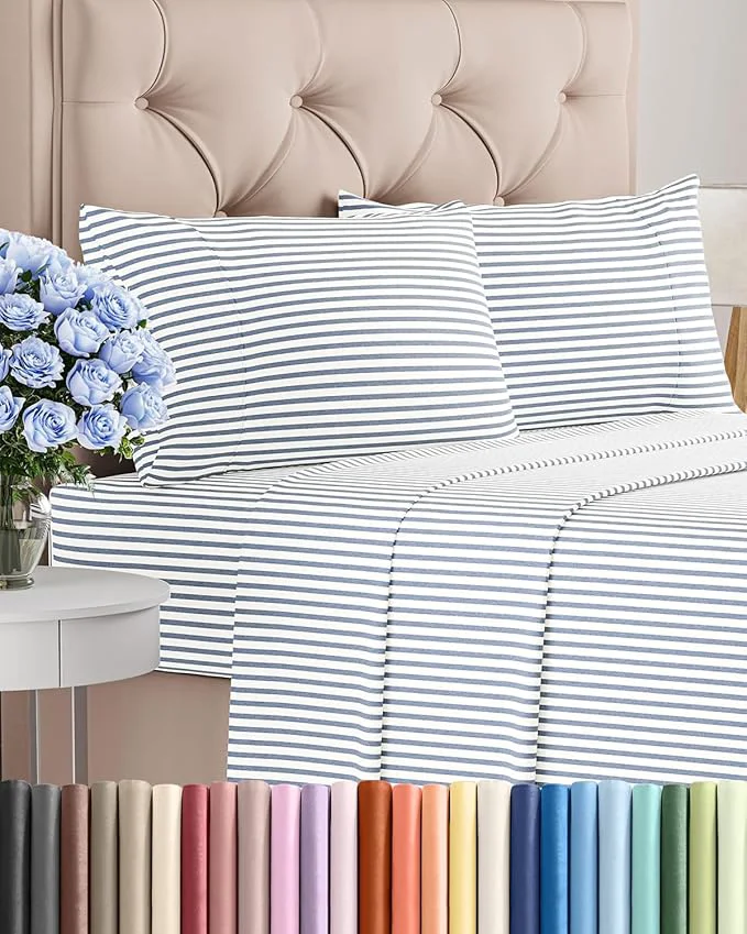 Classic Cal King Size 4 Piece Sheet Set – Comfy Breathable amp Cooling Bed Sheets Set – Hotel Luxury Bedding for Women Men Kids Teens Boys amp Girls – Deep Pockets amp Wrinkle – Oeko-Tex – Blue Stripes 2 Original Design