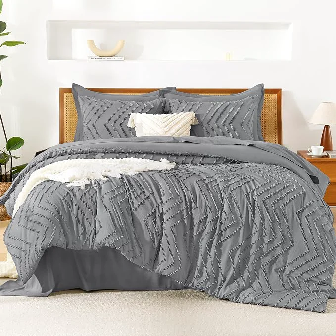 Elite Litanika Queen Size Comforter Set with Sheets Medium Gray – 7 Pieces Bed in a Bag Queen Chevron Tufted Complete Bedding Sets with Comforter Sheets Pillowcases amp Shams Specialty