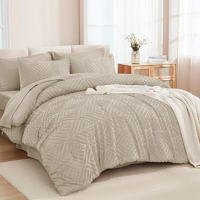 Premium Andency Oversized Queen Size Comforter Set with Sheets Oatmeal – 7 Pieces Bed in a Bag Oversized Queen Boho Tufted Lightweight Bedding Sets with Comforter Sheets Pillowcases amp Shams Next-Generation