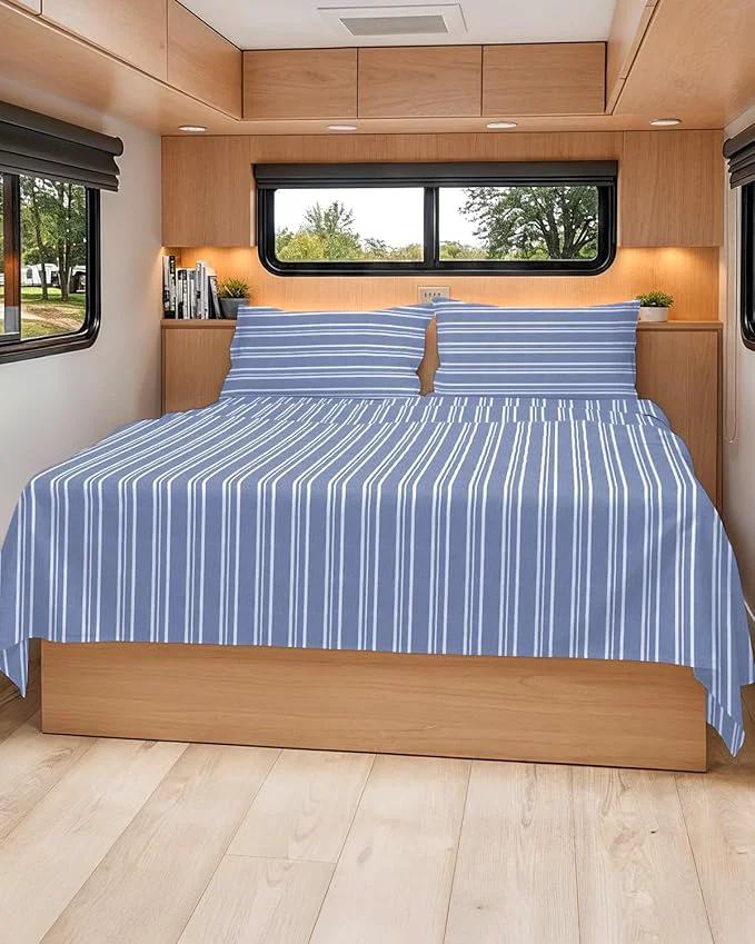 Versatile Short Queen Size 4 Piece Sheet Set – RV Short Queen Soft Breathable amp Cooling Bed Sheets Set w Deep Pockets – Hotel Luxury Bedding for Women Men Kids Teens Boys amp Girls Oeko-Tex – Blue Stripes Green