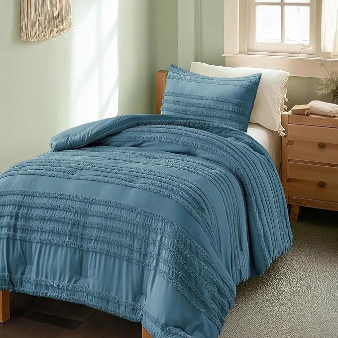 High-Grade BEDELITE Boho Twin Twin XL Comforter Set，Dusty Blue Tufted Striped Bed Set 2 Pieces Soft Vintage Farmhouse Comforter for College Boho Home Dorm Decor Fluffy Jacquard Bedding with 1 Pillow Sham Expertly Made
