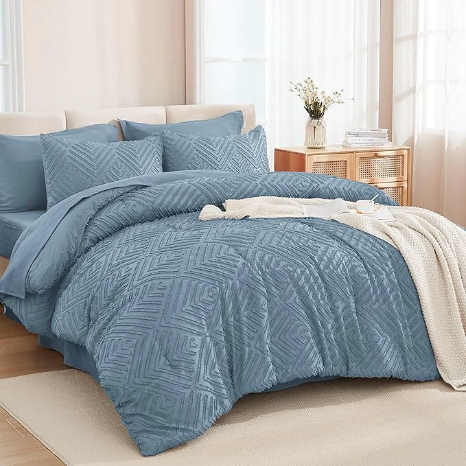 Modern Andency Grayish Blue Super King Plus Size Comforter Set with Sheets – 7 Pieces Bed in a Bag Boho Tufted Bedding Sets Fluffy Lightweight Oversized King Bed Set with Comforter Sheets Pillowcases Shams Comfortable