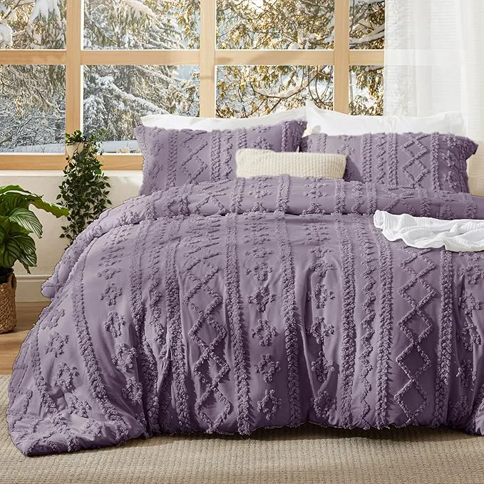 Reusable Bedsure Tufted Boho Comforter Set King Size – Grayish Purple Boho Bed Set GentleSoft™ 3 Pieces Farmhouse Shabby Chic Embroidery Bedding Gifts for Woman Soft Jacquard King Comforter for All Seasons Recyclable