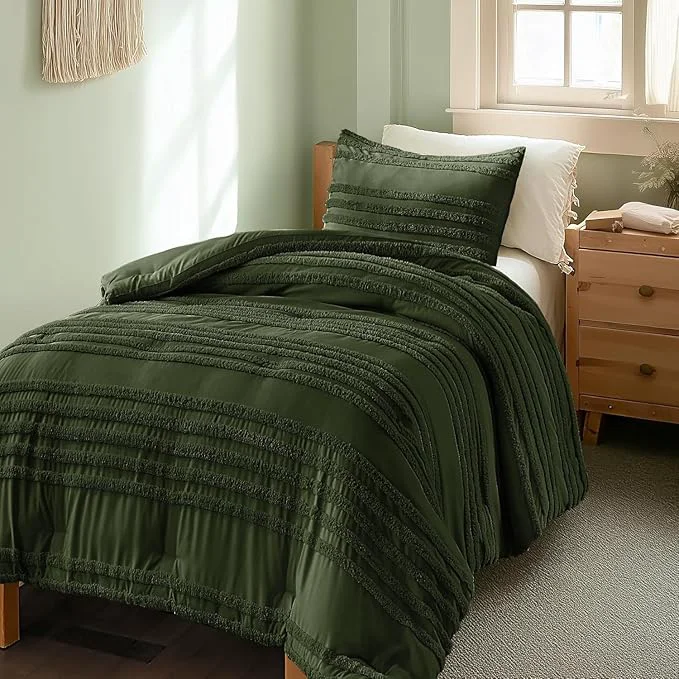 Fine BEDELITE Boho Twin Twin XL Comforter Set，Olive Green Tufted Striped Bed Set 2 Pieces Soft Vintage Farmhouse Comforter for College Boho Home Dorm Decor Fluffy Jacquard Bedding with 1 Pillow Sham Next-Generation
