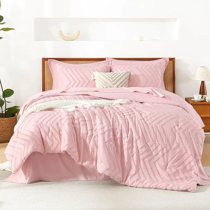Elegant Litanika Pink King Size Comforter Set with Sheets – 7 Pieces Bed in a Bag King Boho Tufted Complete Bedding Sets with Comforter Sheets Pillowcases amp Shams Professional