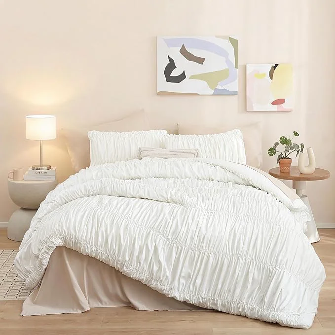 Premium weigelia Cream Comforter Set Full – Textured Ruched Cream Ivory Full Comforter Set Soft White Aesthetic Bedding with 2 Pillowcases 3 Piece Modern Organic Bedroom Comforter Set Clean