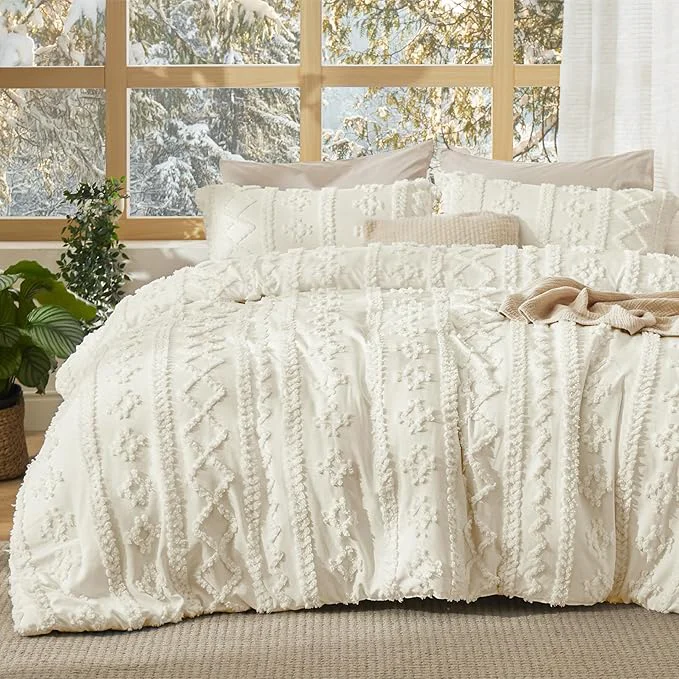 Convenient Bedsure Tufted Boho Comforter Set Oversized Queen – Ivory Boho Bed Set GentleSoft™ 3 Pieces Farmhouse Shabby Chic Embroidery Bedding Gifts for Woman Soft Jacquard Comforter for All Seasons Prestigious