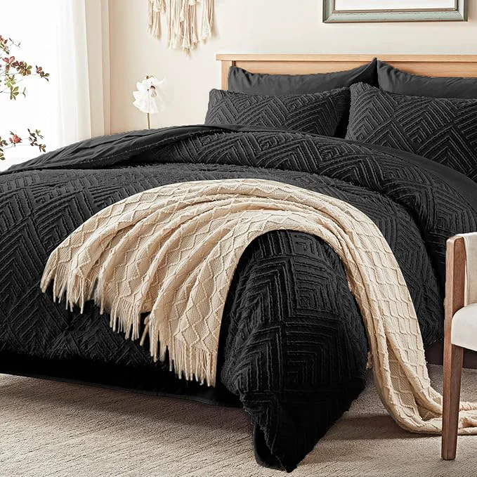 Authentic Zzlpp Queen Comforter Set 7 Pieces Black Tufted Bed in a Bag with Comforter and Sheets All Season Boho Bedding Sets with Comforter 2 Pillow Shams 2 Pillowcases 1 Flat Sheet 1 Fitted Sheet Selected