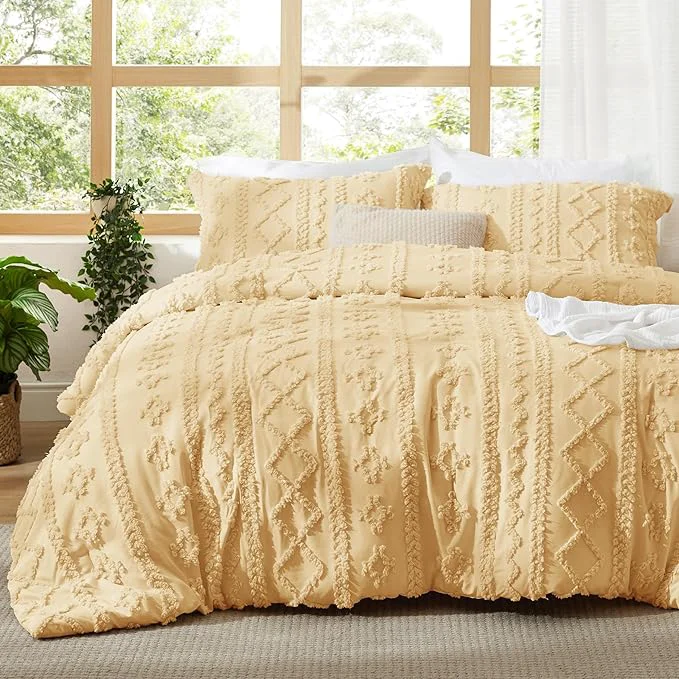Outstanding Bedsure Tufted Boho Comforter Set Queen Size – Yellow Boho Bed Set GentleSoft™ 3 Pieces Farmhouse Shabby Chic Embroidery Bedding Gifts for Woman Soft Jacquard Queen Comforter for All Seasons Reusable