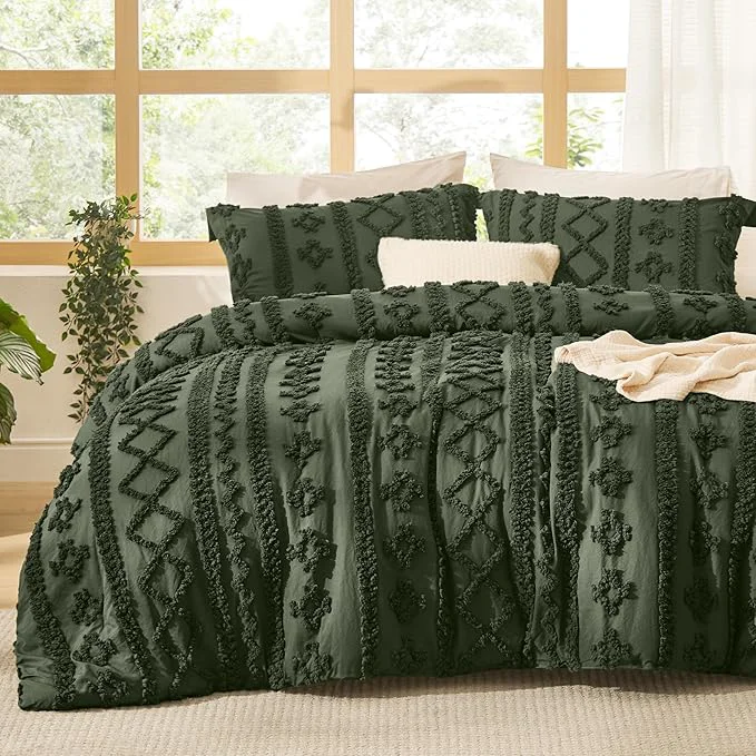 Minimalist Bedsure Tufted Boho Comforter Set Oversized Queen – Olive Green Boho Bed Set GentleSoft™ 3 Pieces Farmhouse Shabby Chic Embroidery Bedding Gifts for Woman Soft Jacquard Comforter for All Seasons Enhanced