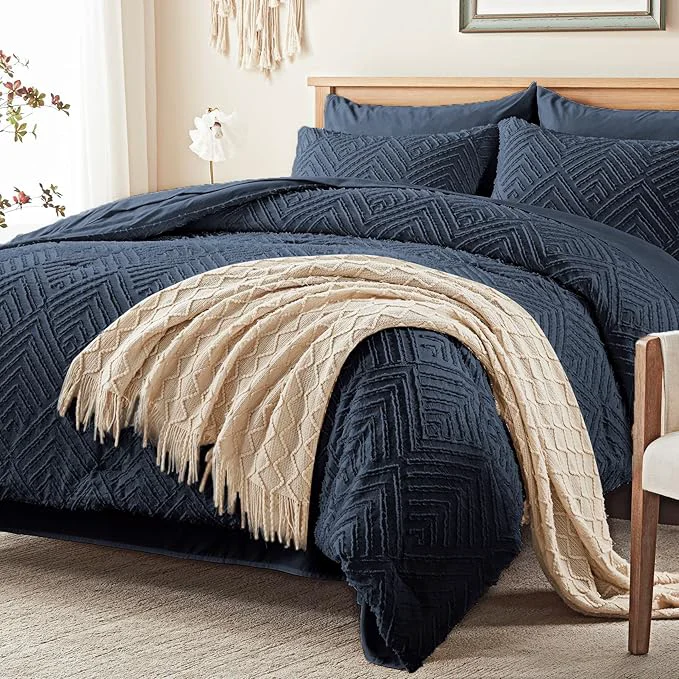 Natural Zzlpp Queen Comforter Set 7 Pieces Navy Blue Tufted Bed in a Bag with Comforter and Sheets All Season Boho Bedding Sets with Comforter 2 Pillow Shams 2 Pillowcases 1 Flat Sheet 1 Fitted Sheet Pure