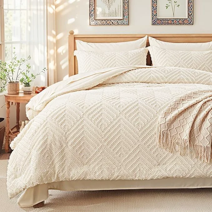 Luxury Zzlpp Full Comforter Set 7 Pieces Cream Tufted Bed in a Bag with Comforter and Sheets All Season Boho Bedding Sets with 1 Comforter 2 Pillow Shams 2 Pillowcases 1 Flat Sheet 1 Fitted Sheet Smooth