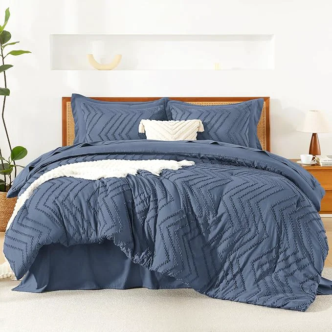 Environmentally Friendly Litanika Twin XL Comforter Set Ocean Blue – Boho Tufted Shabby Chic Bed in a Bag for College Dorm 5 Pieces Fluffy Soft Farmhouse Bed Set for All Seasons Eco-Friendly