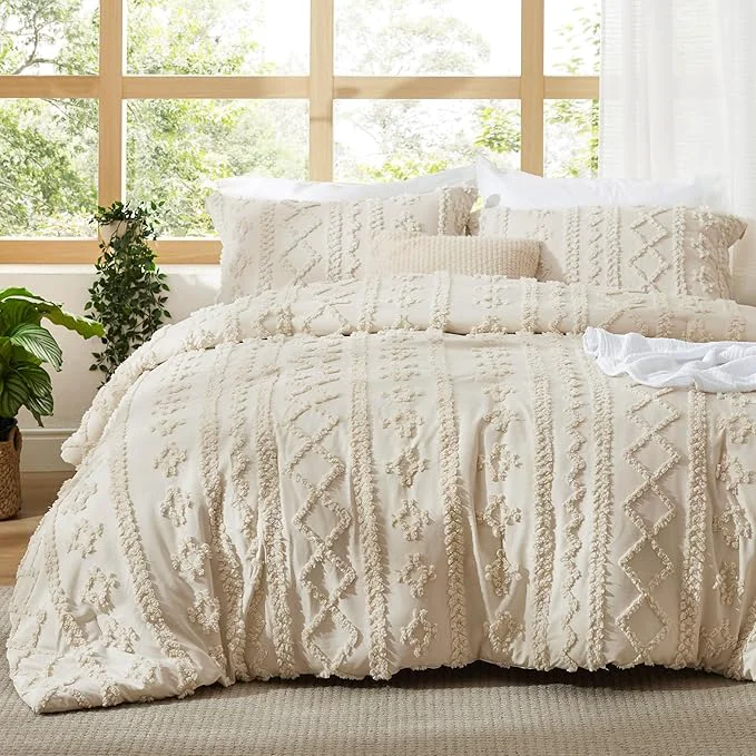 Artisan Bedsure Tufted Boho Comforter Set Queen Size – Beige Boho Bed Set GentleSoft™ 3 Pieces Farmhouse Shabby Chic Embroidery Bedding Gifts for Woman Soft Jacquard Queen Comforter for All Seasons Exceptional