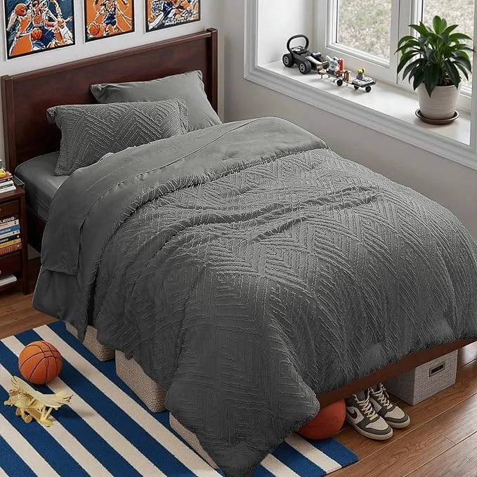 High-End Zzlpp Twin Comforter Set 5 Pieces Dark Grey Tufted Bed in a Bag with Comforter and Sheets All Season Boho Bedding Sets with 1 Comforter 1 Pillow Sham 1 Pillowcase 1 Flat Sheet 1 Fitted Sheet Easy-to-Use
