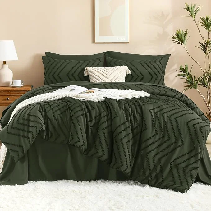 Traditional Litanika Super King Plus Size Comforter Set with Sheets Olive Green – 7 Pieces Bed in a Bag Oversized King Boho Tufted Complete Bedding Sets with Comforter Sheets Pillowcases amp Shams Easy-to-Use