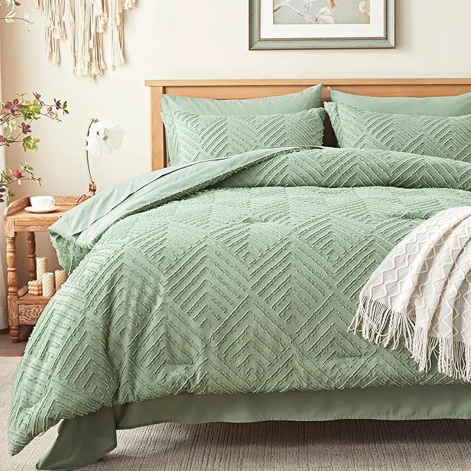 Unique Zzlpp Full Comforter Set 7 Pieces Sage Green Tufted Bed in a Bag with Comforter and Sheets All Season Boho Bedding Sets with 1 Comforter 2 Pillow Shams 2 Pillowcases 1 Flat Sheet 1 Fitted Sheet Optimized
