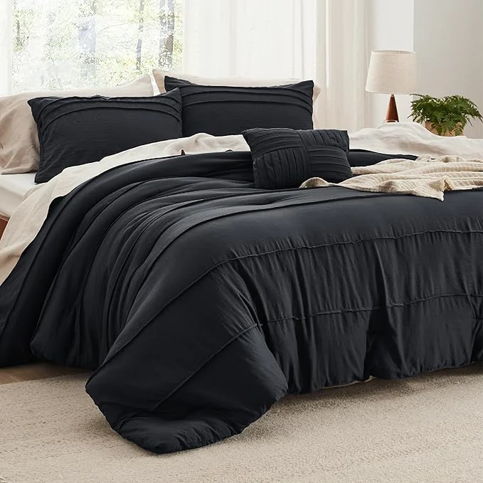 Advanced Bedsure California King Comforter Set – 4 Pieces Pinch Pleat Bed Set Black Boho Bedding for All Season 1 Soft Comforter 2 Pillowcases 1 Decorative Pillow Fashionable