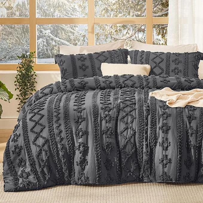 Unique Bedsure Tufted Boho Comforter Set California King Size – Dark Grey Boho Bed Set GentleSoft™ 3 Pieces Farmhouse Shabby Chic Embroidery Bedding Gifts for Woman Soft Jacquard Comforter for All Seasons Optimized