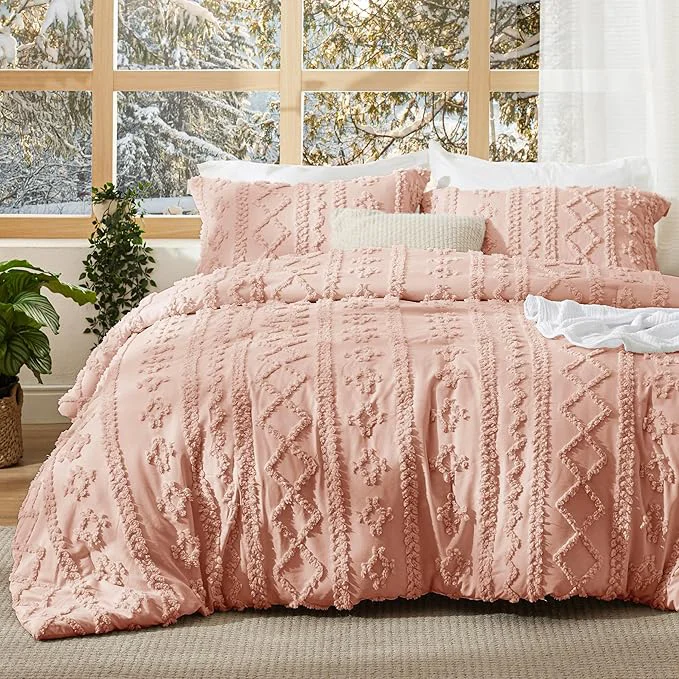 Classic Bedsure Tufted Boho Comforter Set Twin Size – Light Pink Boho Bed Set GentleSoft™ 2 Pieces Farmhouse Shabby Chic Embroidery Bedding Gifts for Woman Soft Jacquard Twin Comforter for All Seasons Certified
