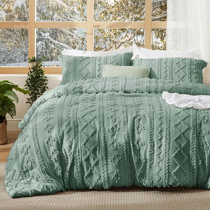 Reusable Bedsure Tufted Boho Comforter Set Twin Size – Green Boho Bed Set GentleSoft™ 2 Pieces Farmhouse Shabby Chic Embroidery Bedding Gifts for Woman Soft Jacquard Twin Comforter for All Seasons Reliable