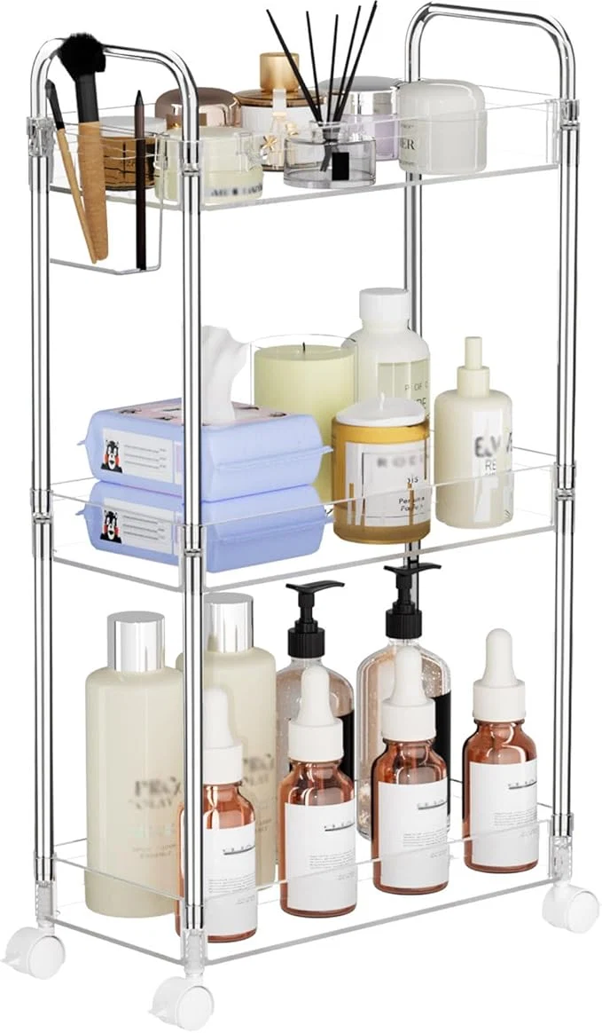 Professional SPACEKEEPER 3 Tier Acrylic Storage Rolling Cart Clear Bathroom Cart Organizer Natural