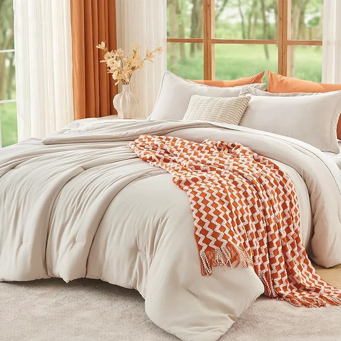 Versatile MUXHOMO Beige Oversized Queen Comforter Sets All Season Ultra Soft Down Bedding – 3 Piece Lightweight Bed Set Includes 1 Comforter 98 quot 98 quot and 2 Pillow Shams 20 quot x26 quot Sophisticated
