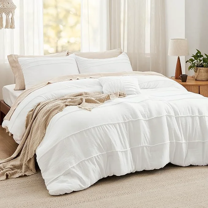 Innovative Bedsure King Comforter Set – 4 Pieces Pinch Pleat Bed Set White Boho Bedding for All Season 1 Soft Comforter 2 Pillowcases 1 Decorative Pillow Organic