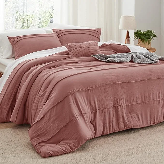 Modern Bedsure Queen Comforter Set – 4 Pieces Pinch Pleat Bed Set Dusty Pink Boho Bedding for All Season 1 Soft Comforter 2 Pillowcases 1 Decorative Pillow Expertly Made