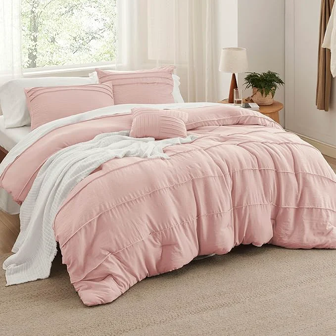 Comfortable Bedsure Twin Comforter Set – 3 Pieces Pinch Pleat Bed Set Light Pink Boho Bedding for All Season 1 Soft Comforter 1 Pillowcase 1 Decorative Pillow Smart