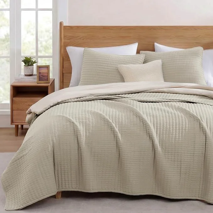 Smart WRENSONGE Queen Quilt-3 Pieces Lightweight Bedspreads Light Oatmeal Queen Size Quilt Bedding Set for All Seasons Soft Summer Coverlet with 2 Pillow Shams Suitable for Bed amp Couch Safe